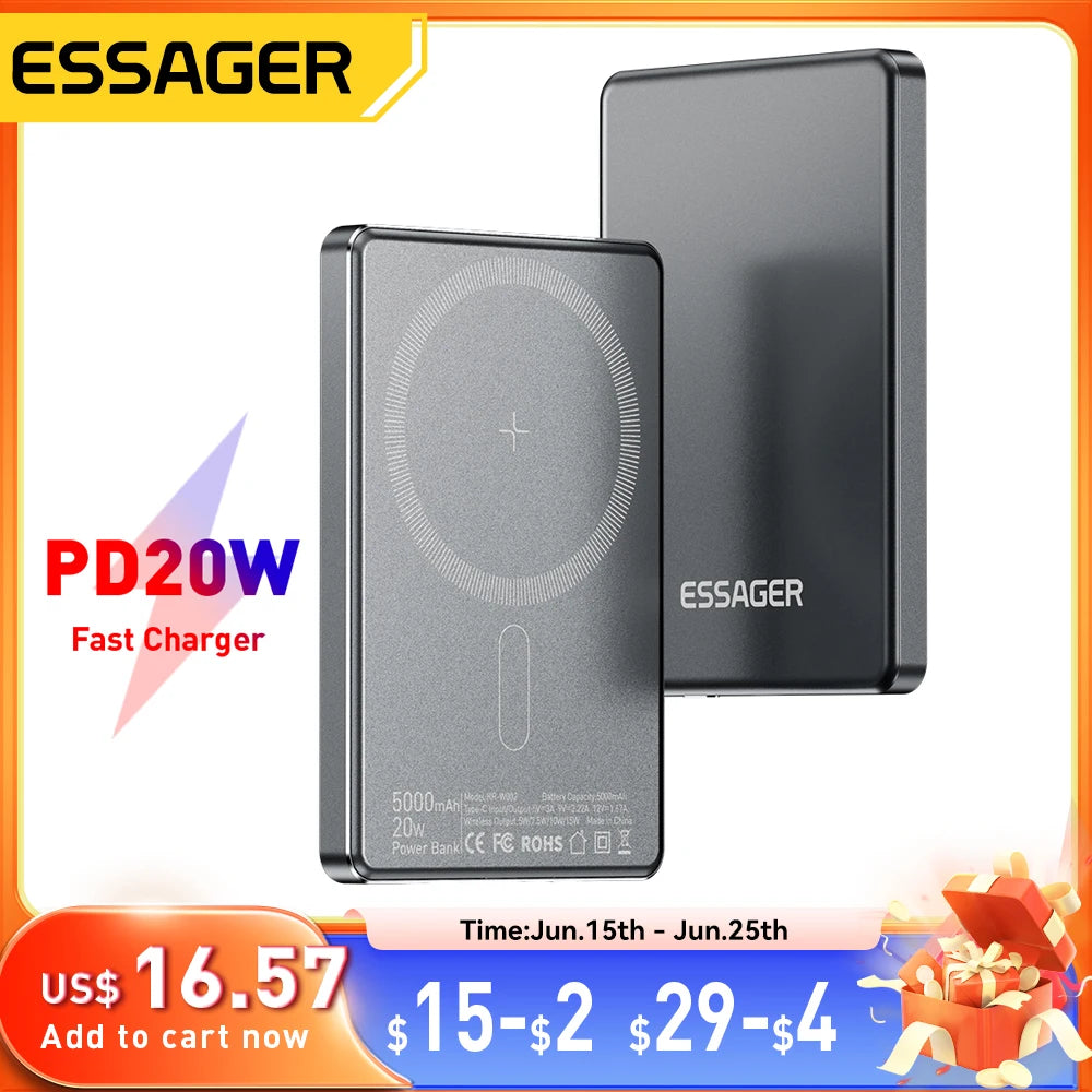 Essager Thin Wireless Power Bank Magnetic 20W 5000mAh Portable Fast Charging External Battery for Magsafe For iPhone 16 15 14 13