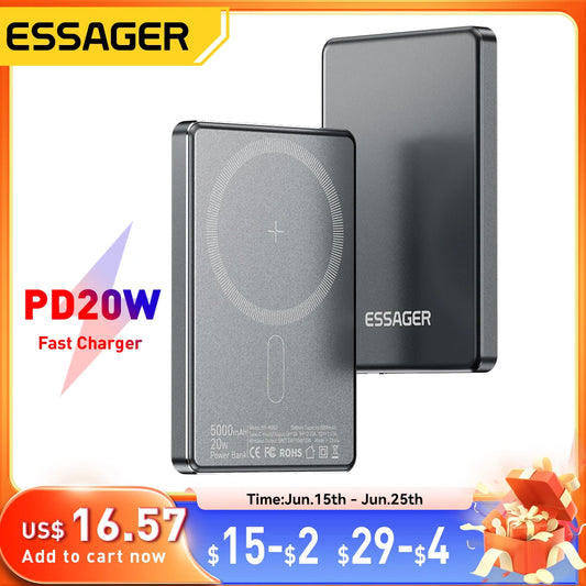 Essager Thin Wireless Power Bank Magnetic 20W 5000mAh Portable Fast Charging External Battery for Magsafe For iPhone 16 15 14 13